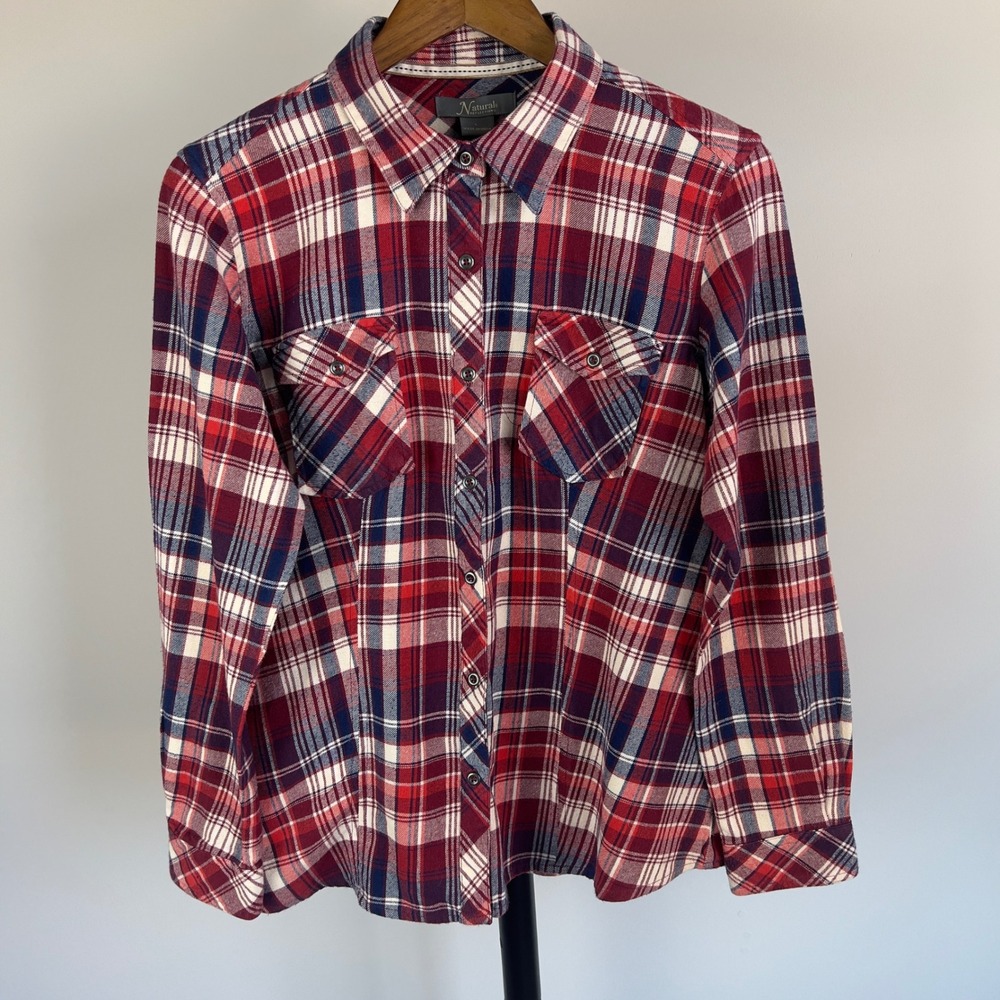 Natural Reflections Red Navy Blue Plaid Flannel Button Down Shirt Womens Large